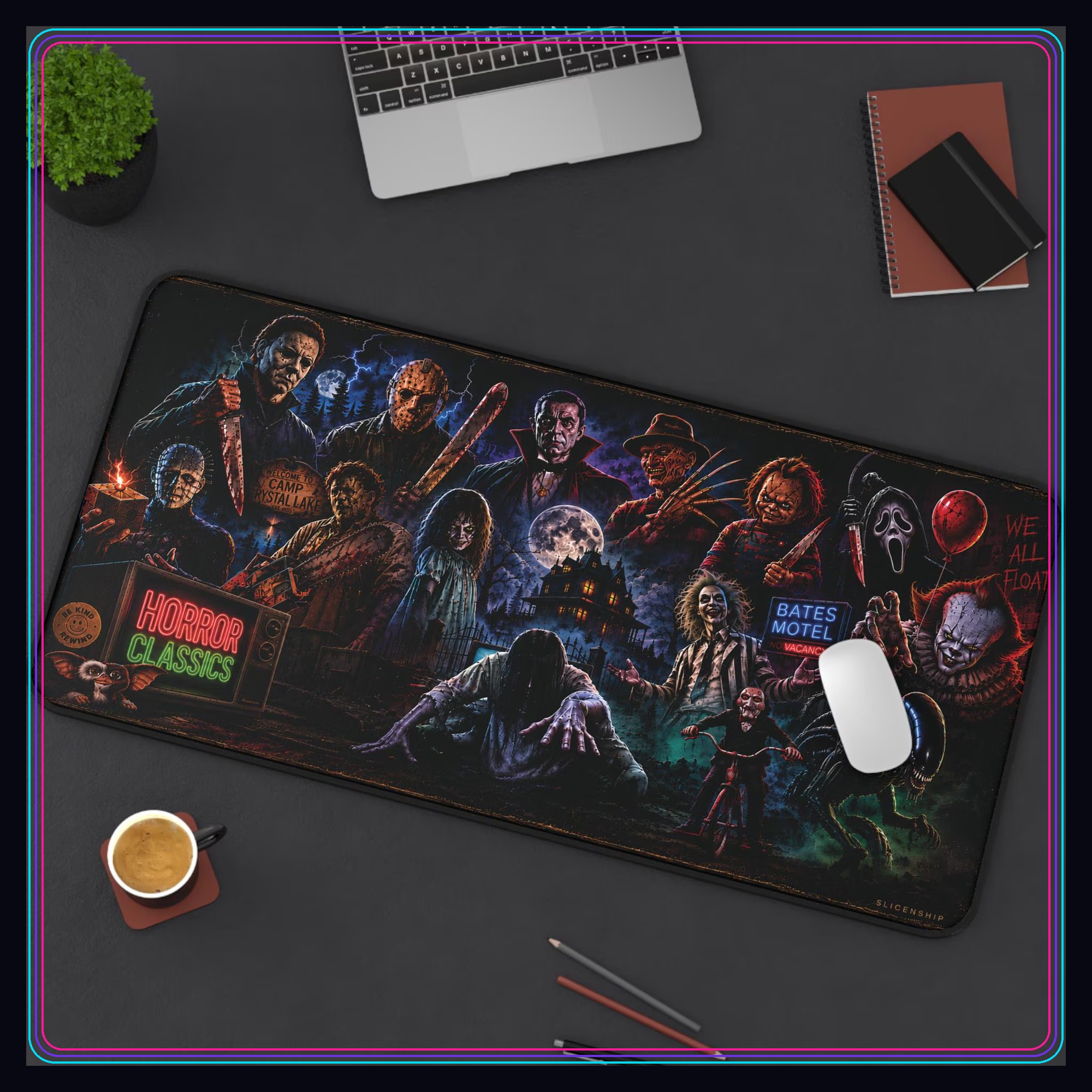 Classic horror movie characters desk mat angled desktop view