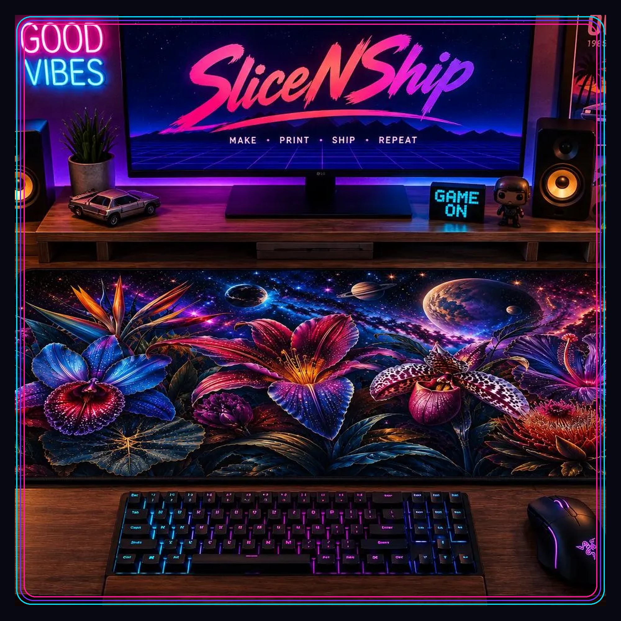 Cosmic floral galaxy desk mat in a colorful retro gaming setup