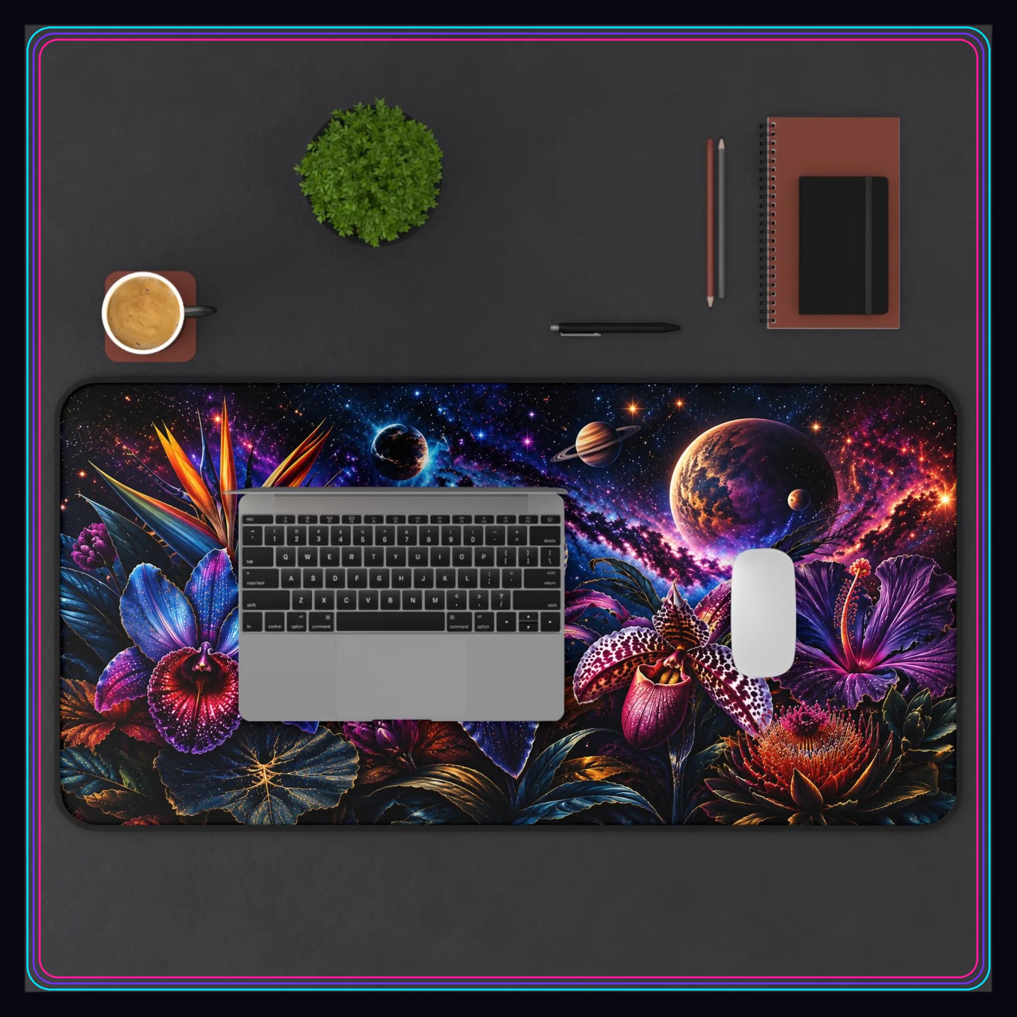 Cosmic floral galaxy desk mat with laptop and mouse