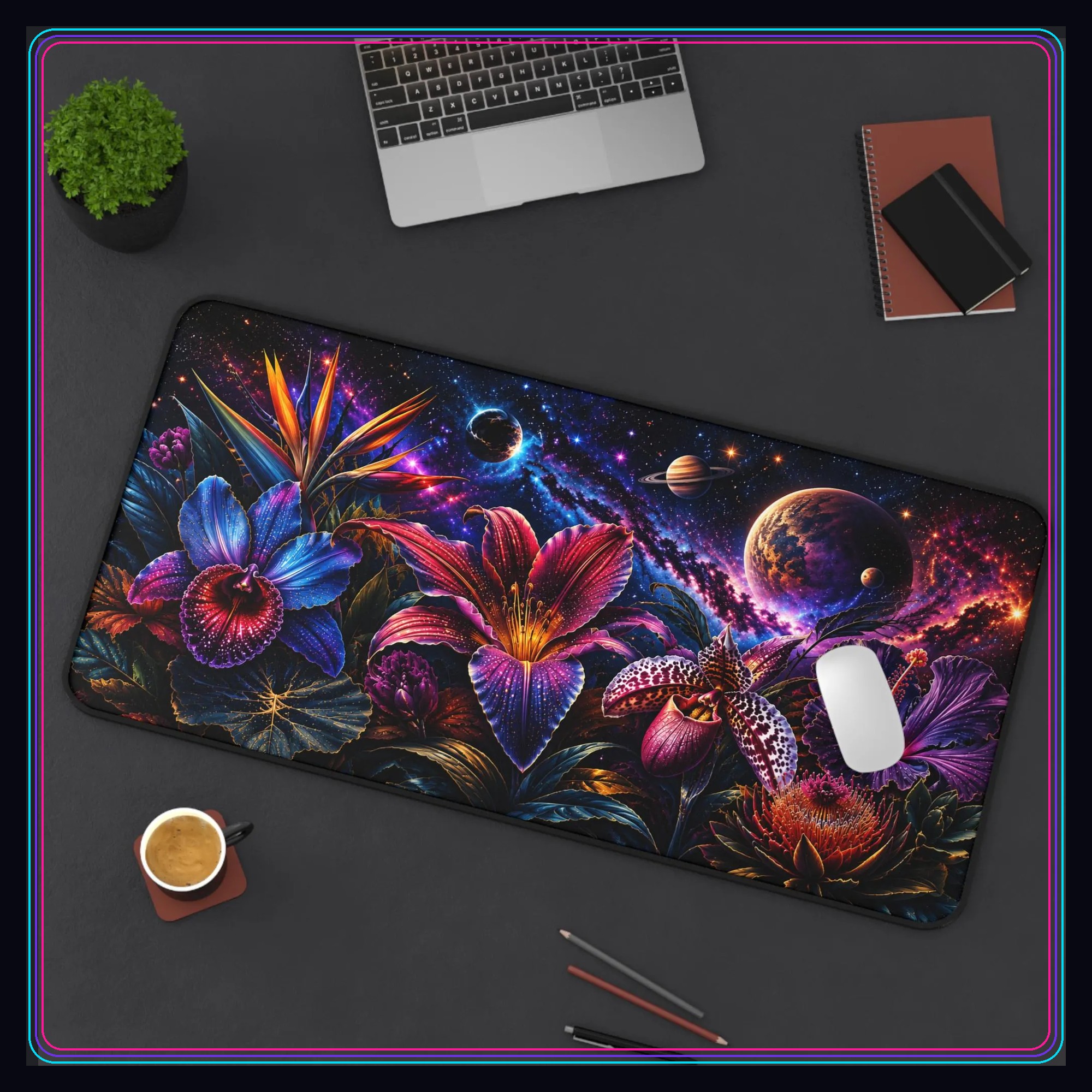 Cosmic floral galaxy desk mat angled desktop view